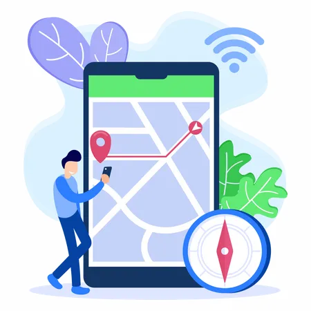 Homem segurando celular e encontrando localização  Ilustração