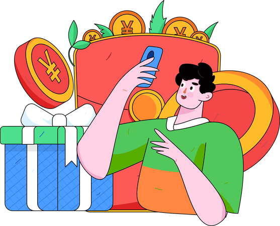 Homem segurando celular enquanto faz pagamento de compras  Ilustração