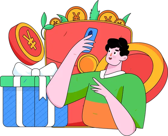 Homem segurando celular enquanto faz pagamento de compras  Ilustração