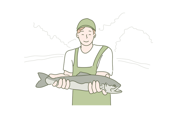 Homem segurando peixe  Ilustração