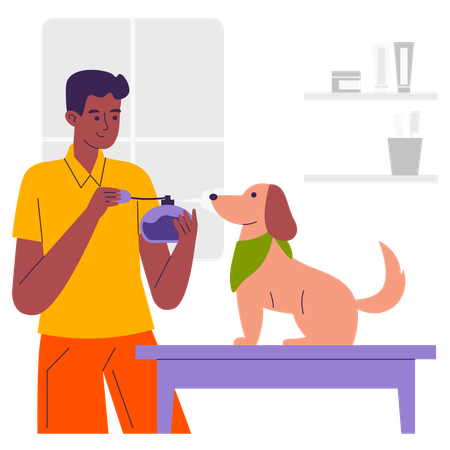 Homem segurando perfume para animais de estimação  Ilustração