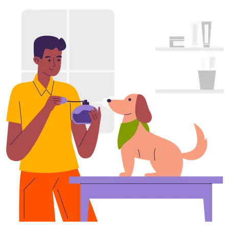 Homem segurando perfume para animais de estimação  Ilustração