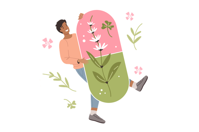 Homem segurando pílula orgânica  Illustration