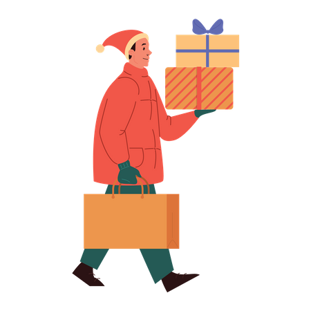 Homem segurando presentes de Natal  Ilustração