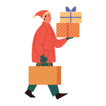 Homem segurando presentes de Natal  Ilustração