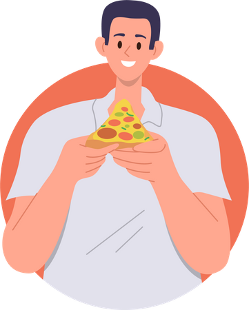 Homem segurando uma saborosa fatia de pizza pronta para comer um delicioso lanche de fast food  Ilustração