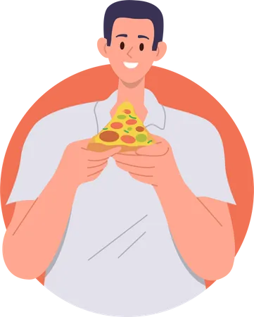 Homem segurando uma saborosa fatia de pizza pronta para comer um delicioso lanche de fast food  Ilustração