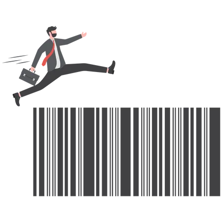 Homem segurando saco com vara salta sobre código de barras da loja  Ilustração