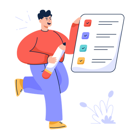 Homem segurando um lápis com lista de verificação  Ilustração
