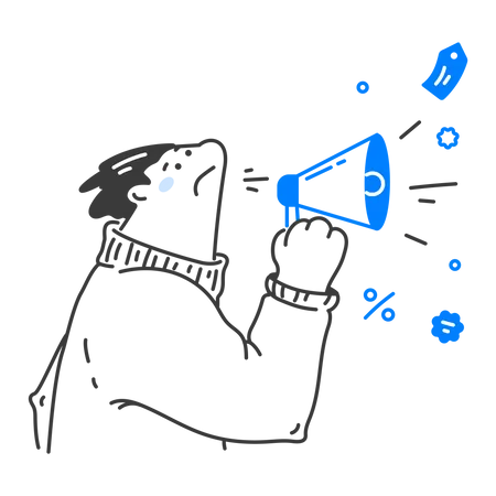 Homem segurando um megafone e fazendo anúncio de desconto  Ilustração