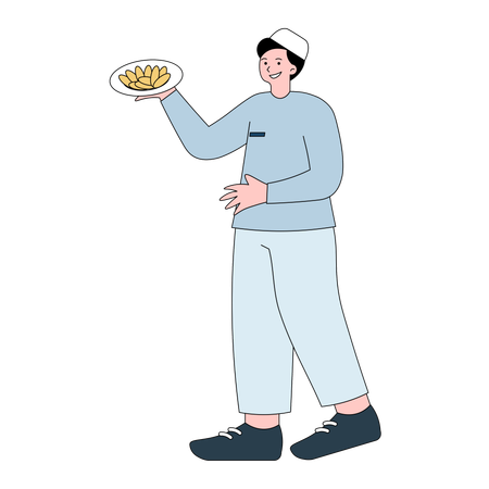 Homem segurando um prato de biscoitos  Ilustração