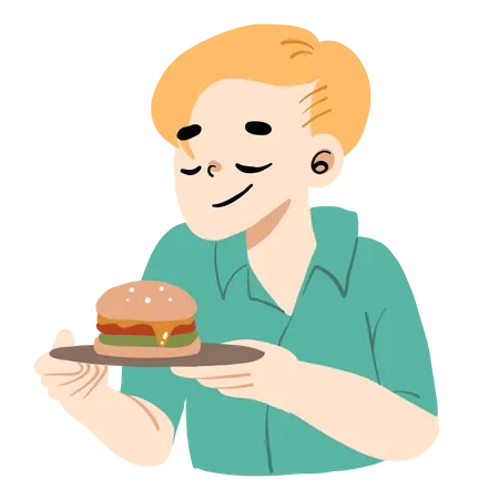 Homem segurando um prato de hambúrguer  Ilustração