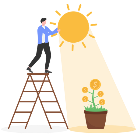Homem segurando um sol para iluminar o lucro do negócio de mudas  Ilustração