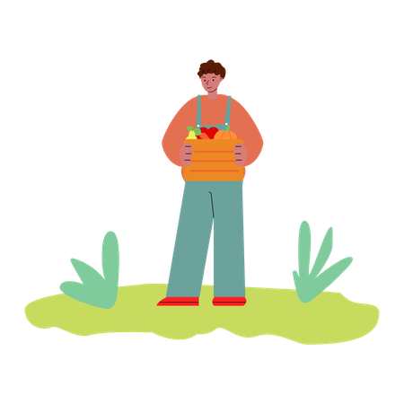 Homem segurando uma cesta de frutas na mão  Ilustração