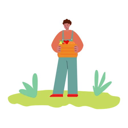 Homem segurando uma cesta de frutas na mão  Ilustração