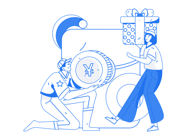 Homem segurando uma moeda e uma garota segurando uma caixa de presente  Ilustração