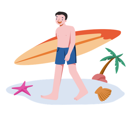 Homem segurando uma prancha de surf e curtindo na praia  Ilustração
