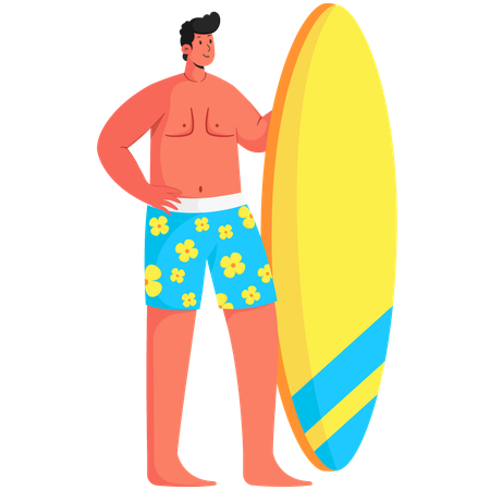 Homem segurando uma prancha de surf  Ilustração