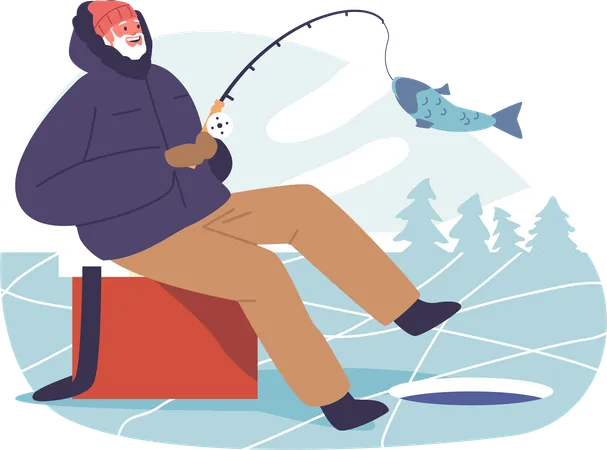 Homem sênior, protegido contra o frio e sentado pacientemente no lago congelado  Ilustração