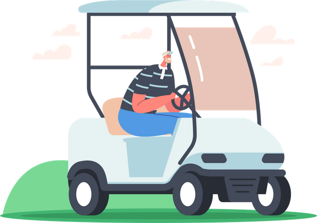 Homem sênior, dirigindo um carrinho de golfe  Ilustração