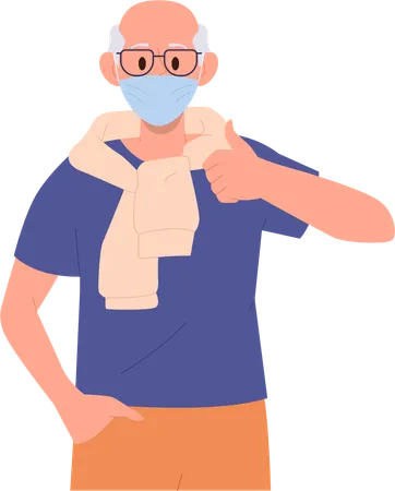 Homem sênior feliz e satisfeito usando máscara médica protetora gesticulando polegares para cima  Ilustração