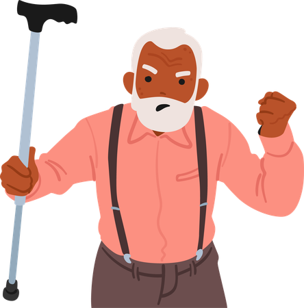 Homem sênior furioso balança sua bengala  Ilustração