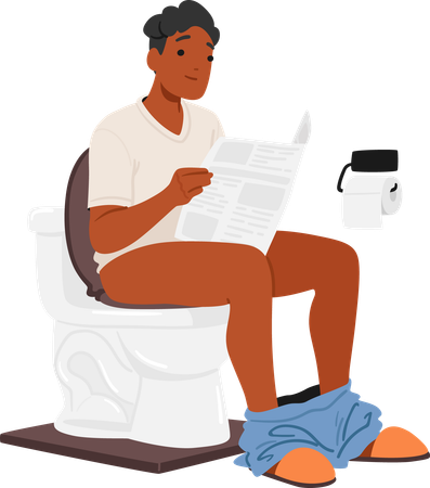 Homem senta no banheiro e lê jornal  Ilustração