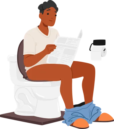 Homem senta no banheiro e lê jornal  Ilustração