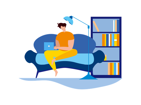 Homem sentado sofá com laptop e estante de livros ao fundo  Ilustração