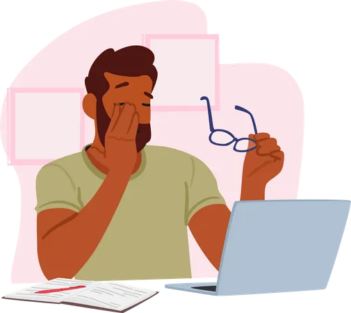 Homem sentado à mesa segurando os óculos com uma das mãos e esfregando os olhos cansados com a outra  Ilustração