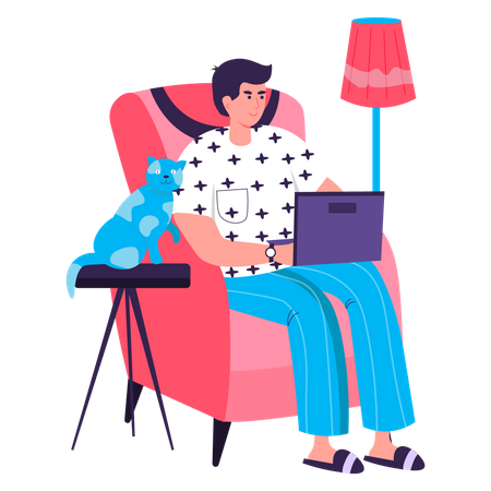 Homem sentado com laptop na cadeira  Ilustração