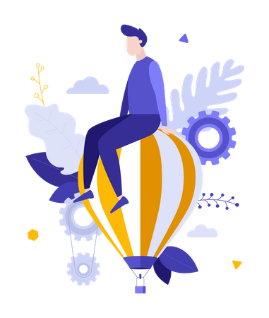 Homem sentado em cima de um balão de ar quente voador  Ilustração