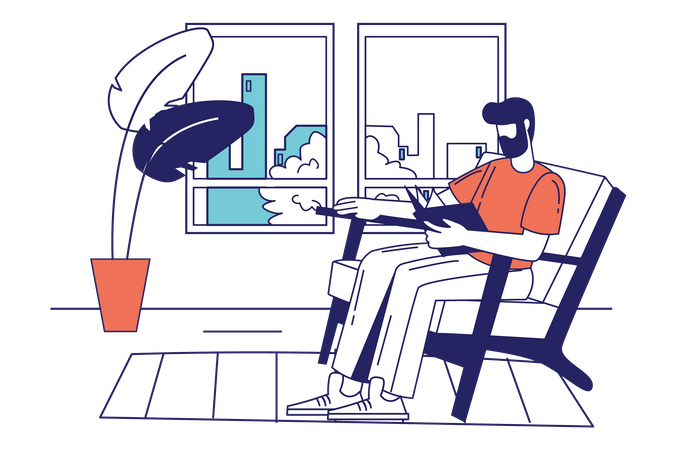 Homem sentado em uma poltrona lendo um livro  Ilustração