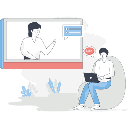 Homem sentado em uma cadeira com um laptop enquanto uma mulher aparece na tela conversando  Ilustração