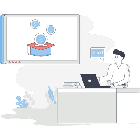 Homem sentado em uma mesa com um laptop enquanto uma tela exibe uma imagem de boné de formatura  Ilustração