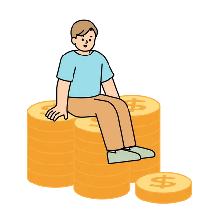 Homem sentado em uma pilha de moedas  Ilustração