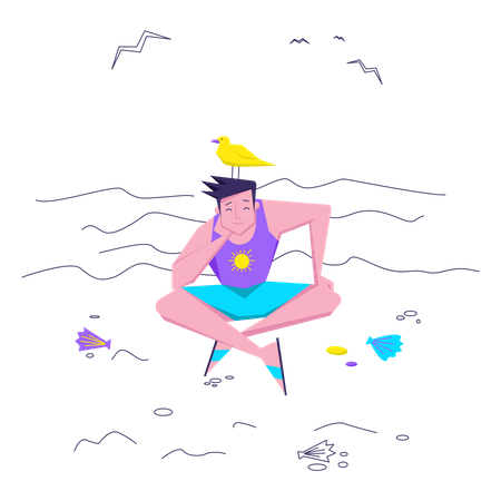 Homem sentado na areia da praia  Ilustração