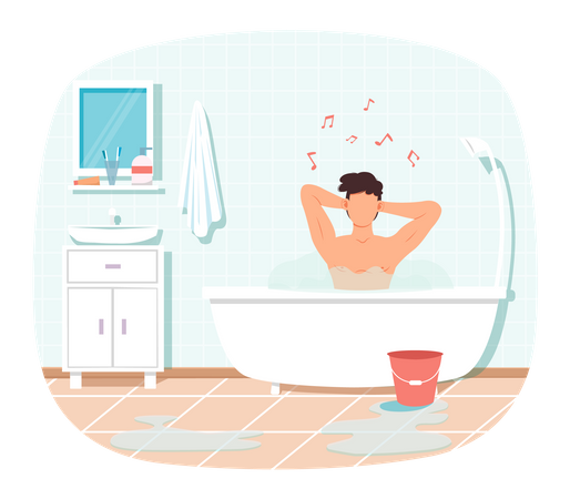 Homem sentado na banheira com água quente  Ilustração