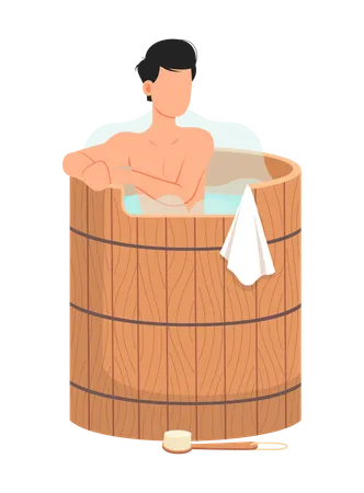 Homem sentado na banheira lavando o corpo na sauna  Ilustração