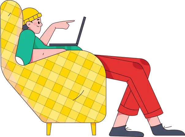 Homem sentado na cadeira e usando laptop  Ilustração