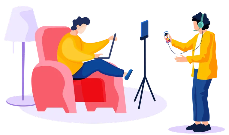 Homem sentado em uma cadeira se comunicando com uma garota  Ilustração