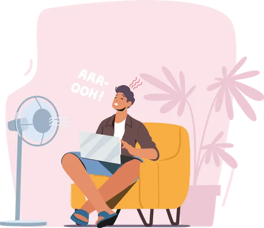 Homem sentado em frente a um ventilador de mesa durante o verão  Ilustração