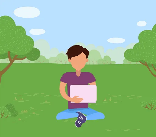 Homem Sentado Na Grama Do Parque Com O Laptop  Ilustração