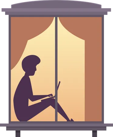 Homem sentado na janela e trabalhando no laptop  Ilustração
