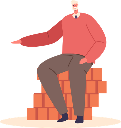 Homem sentado na parede de tijolos  Ilustração