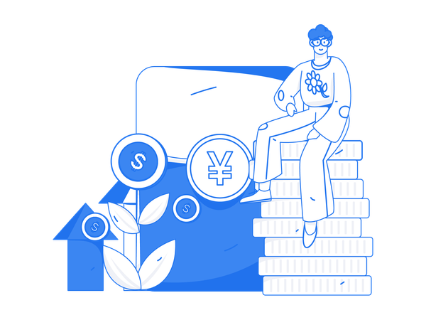 Homem sentado na pilha de moedas  Ilustração