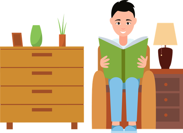 Homem sentado na poltrona e lendo livro em casa  Ilustração