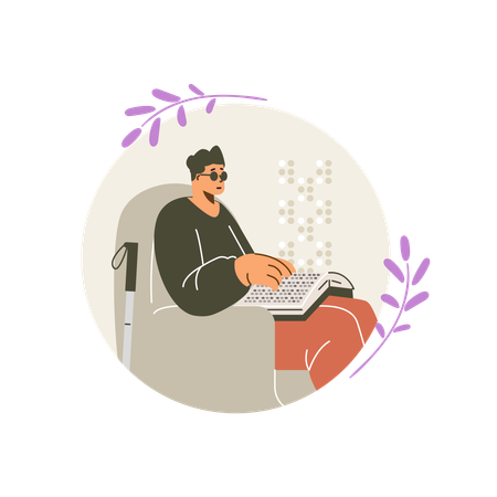 Homem sentado em poltrona lendo livro em fonte braille usando os dedos  Ilustração