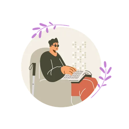 Homem sentado em poltrona lendo livro em fonte braille usando os dedos  Ilustração