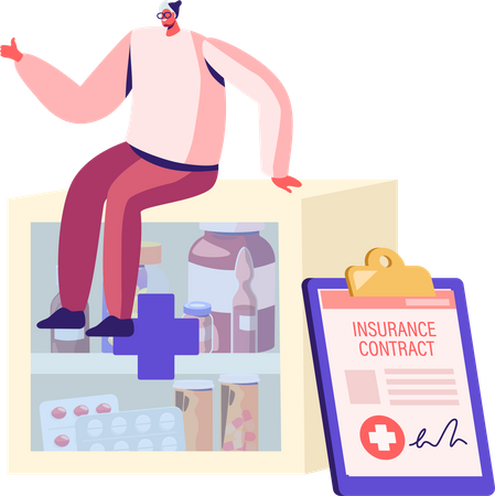 Homem sentado na prateleira com comprimidos médicos com contrato de seguro saúde  Ilustração